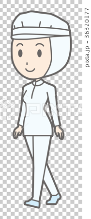 白い衛生服を着た女性作業員が歩いているのイラスト素材