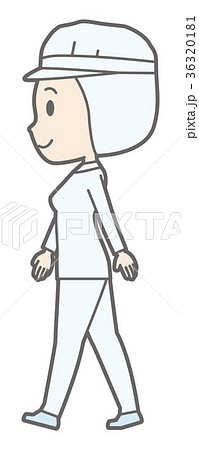 白い衛生服を着た女性作業員が横を向いて歩いているのイラスト素材