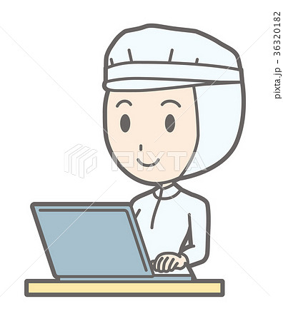 白い衛生服を着た女性作業員がノートパソコンを操作しているのイラスト素材 3631
