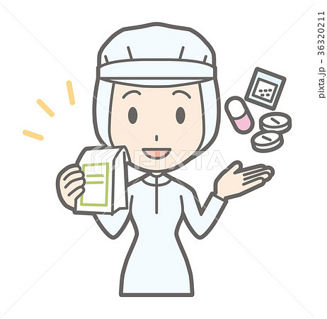 白い衛生服を着た女性作業員が薬を持っているのイラスト素材