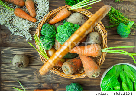 Top view Straw Basket with garden Vegetables  36322152