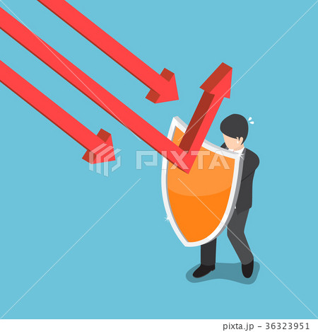 Businessman use shield to protect falling graph. Businessman use shield to protect falling graph. 36323951