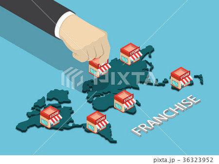 Businessman hand put franchise store on world map. 36323952