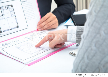 物件探し　住まい探し　不動産屋さん　賃貸マンション　説明員　物件紹介　家探し　ボディーパーツ 36324287