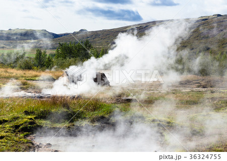 many geysers in Haukadalur valley in Iceland many geysers in Haukadalur valley in Iceland 36324755