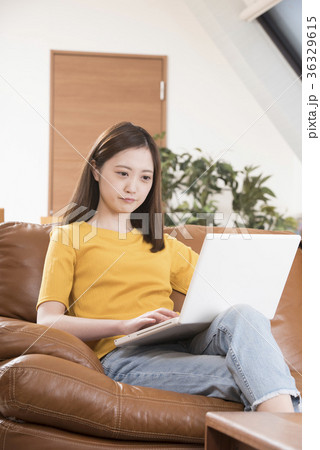 自宅リビングのソファーでパソコンをする若い女性 36329615