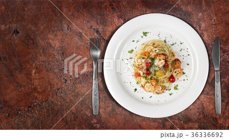 Spaghetti shrimps or prawns on granite countertop 36336692