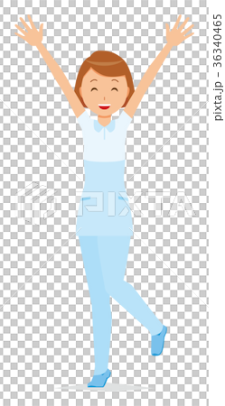 A female nurse in a white uniform is raising her hands 36340465