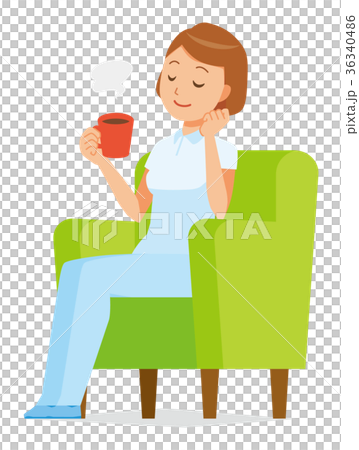 A female nurse in white uniform is sitting on the sofa and drinking coffee 36340486