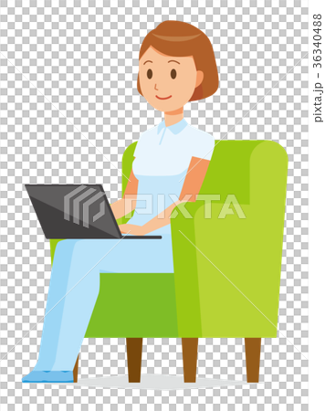 A female nurse in a white uniform is sitting on the sofa and operating a laptop 36340488