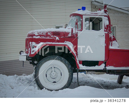 Red firetruck snow winter Russia closeup Red firetruck snow winter Russia closeup 36341278