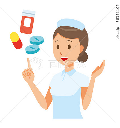 ナース帽と白衣を着た女性看護師が薬について説明しているのイラスト素材