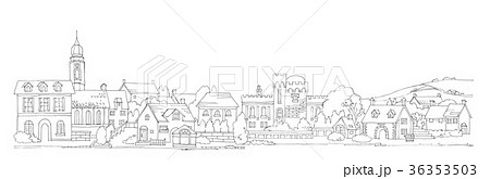 ヨーロッパの街並と田園風景 線描のイラスト素材