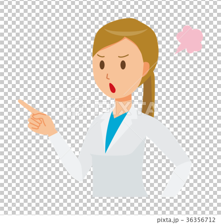 A female doctor in a white coat is angry pointing at a finger 36356712