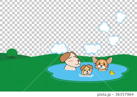 犬親子 温泉 背景 透過 3人のイラスト素材