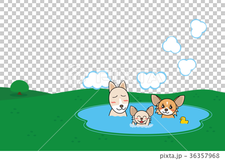 犬親子 温泉 背景 透過 3人のイラスト素材