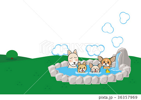 犬親子 温泉 背景 透過 4人のイラスト素材