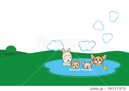 犬親子 温泉 背景 透過 4人のイラスト素材
