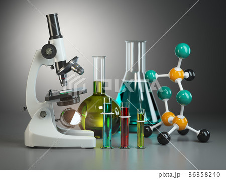 Microscope with flasks and model of molecule. 36358240