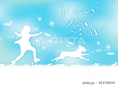 18年 シルエット 年賀状 戌年 子供と走る犬 ウィペットのイラスト素材