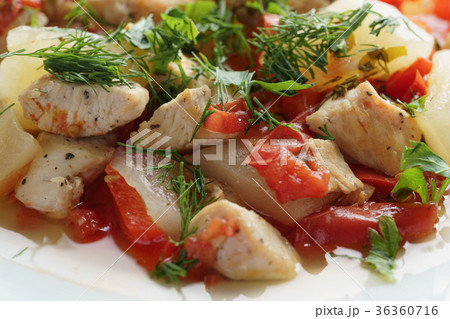 braised chicken fillet with squash and bell pepper braised chicken fillet with squash and bell pepper 36360716
