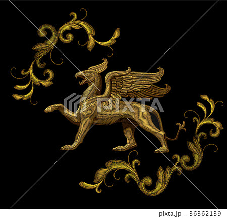 Golden textured embroidery griffin textile patch 36362139