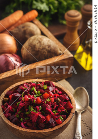 Vegetable salad with beetroot, carrot, pea, onion. 36362614