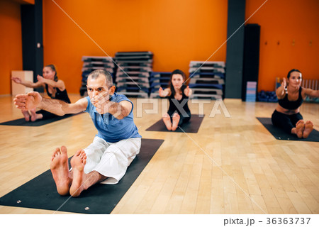 Yoga, female group with instructor in motion Yoga, female group with instructor in motion 36363737
