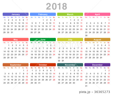 2018 year annual calendar (Monday first, English) 36365273