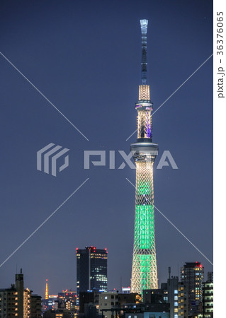 ライトアップした東京スカイツリー　荒川河川敷から 36376065