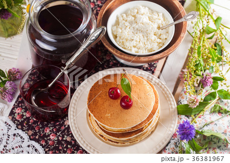 pancakes with cherry flowers still life summer 36381967