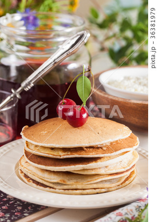 pancakes with cherry flowers still life summer 36381979