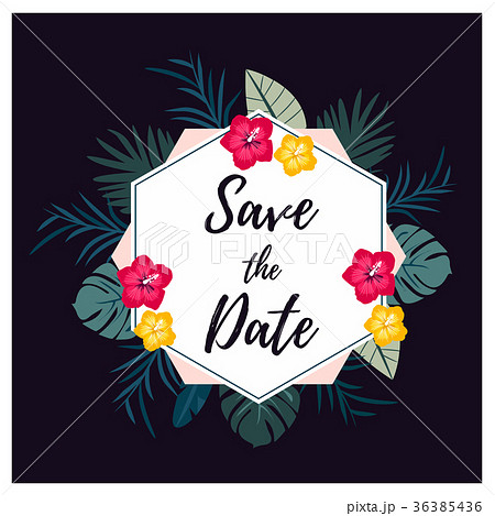 Bright card Save the date with exotic flowers Bright card Save the date with exotic flowers 36385436