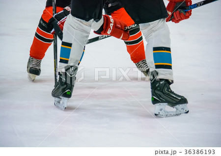 Close up legs of hockey players on ice 36386193