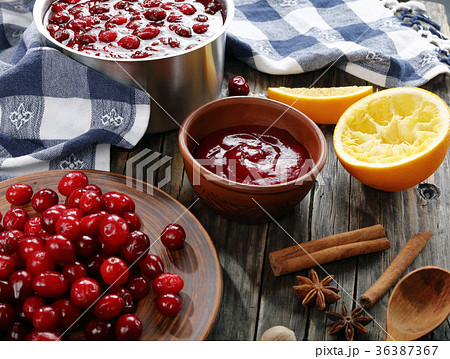 cranberry sauce in saucepan on table cranberry sauce in saucepan on table 36387367