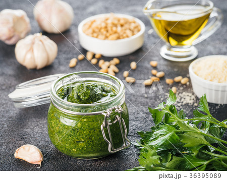 Homemade parsley pesto sauce ingredients 36395089