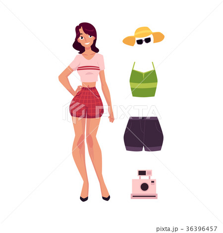 vector cartoon woman and summer vacation outftit vector cartoon woman and summer vacation outftit 36396457