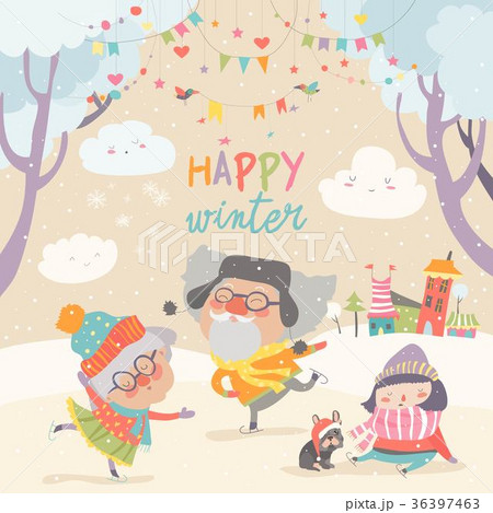 Happy couple of elderly with granddaughter skating 36397463