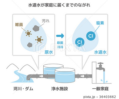 図説 原水が消毒され水道水となり 家庭に届くまでのながれのイラスト素材