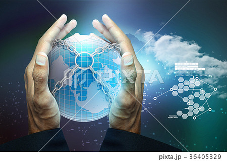 Smart hand showing Earth globe close in chain Smart hand showing Earth globe close in chain 36405329