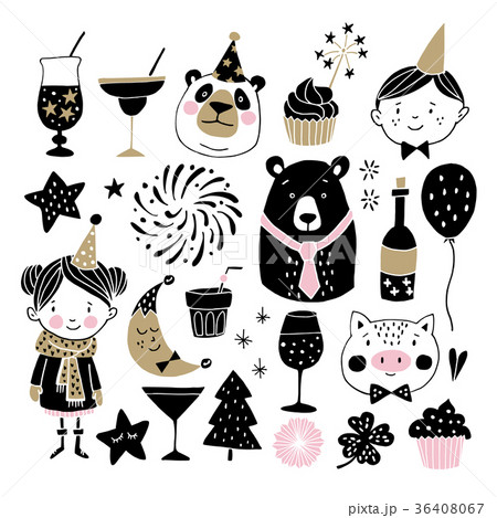Set of hand drawn New Year or birthday graphic 36408067