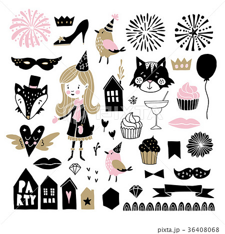 Set of hand drawn New Year or birthday party 36408068