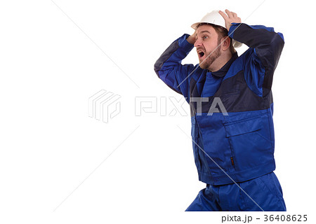 Overweight industrial worker gesturing hopeless. 36408625