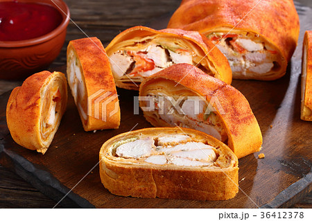 holiday strudel with turkey meat, close-up 36412378