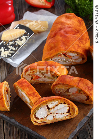 tasty meat Strudel with cheese, pepper 36412386