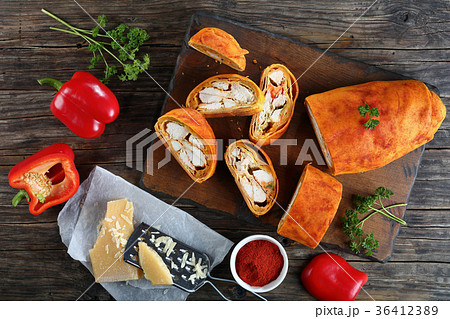 chicken meat Strudel with cheese, top view chicken meat Strudel with cheese, top view 36412389