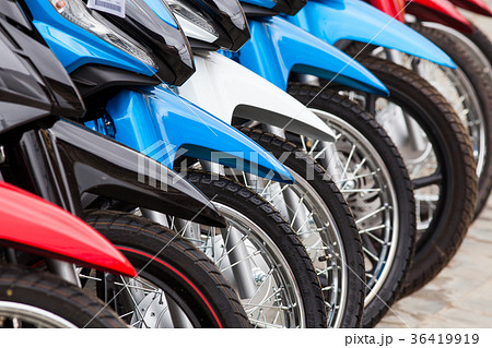 row of new motorbikes for sale row of new motorbikes for sale 36419919