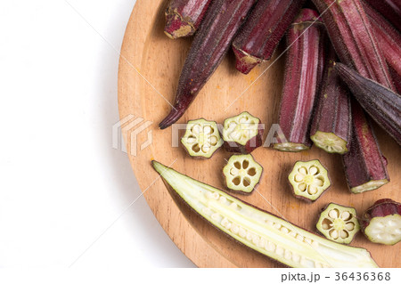 Fresh Red okra on tray over white background. 36436368