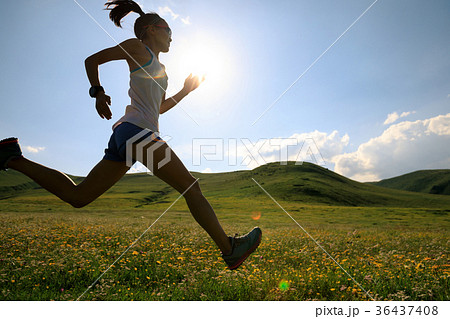 fitness woman runner running on grassland trail 36437408
