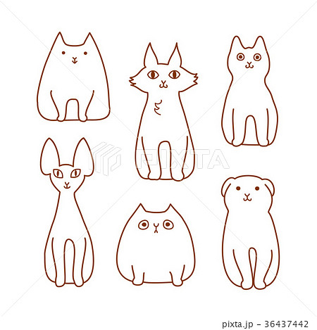 座っている猫のセット 線画のイラスト素材